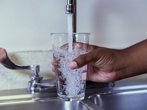 Sink faucet filling a glass of water